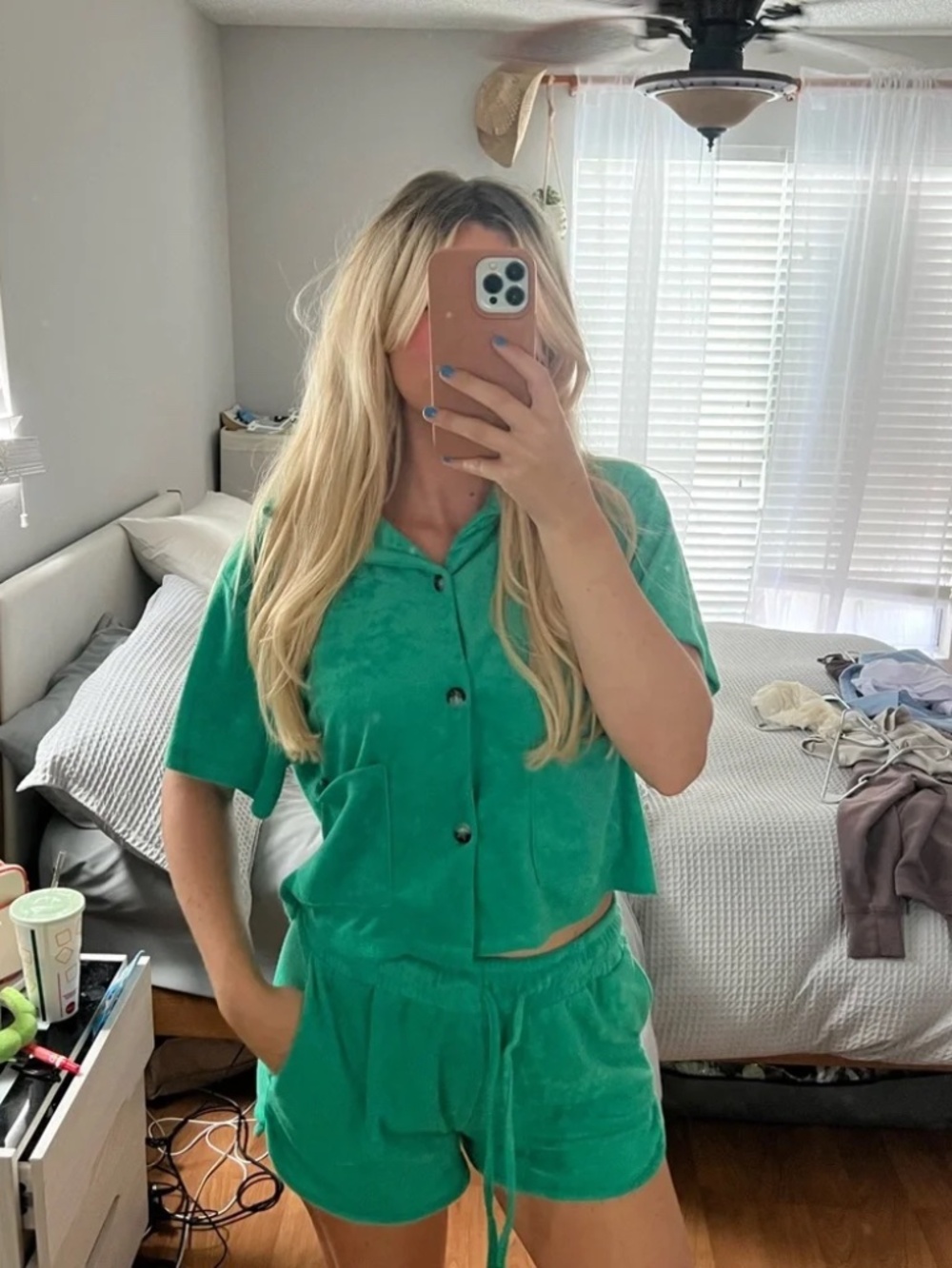 Nicole Miller 2 Piece Terrycloth Shirt and Short Set in Vivid Green - Picture 6 of 6